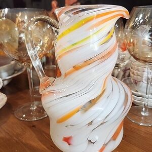 MCM Orange and Yellow Swirl Glass Pitcher; Vibrant; A Rare Find.